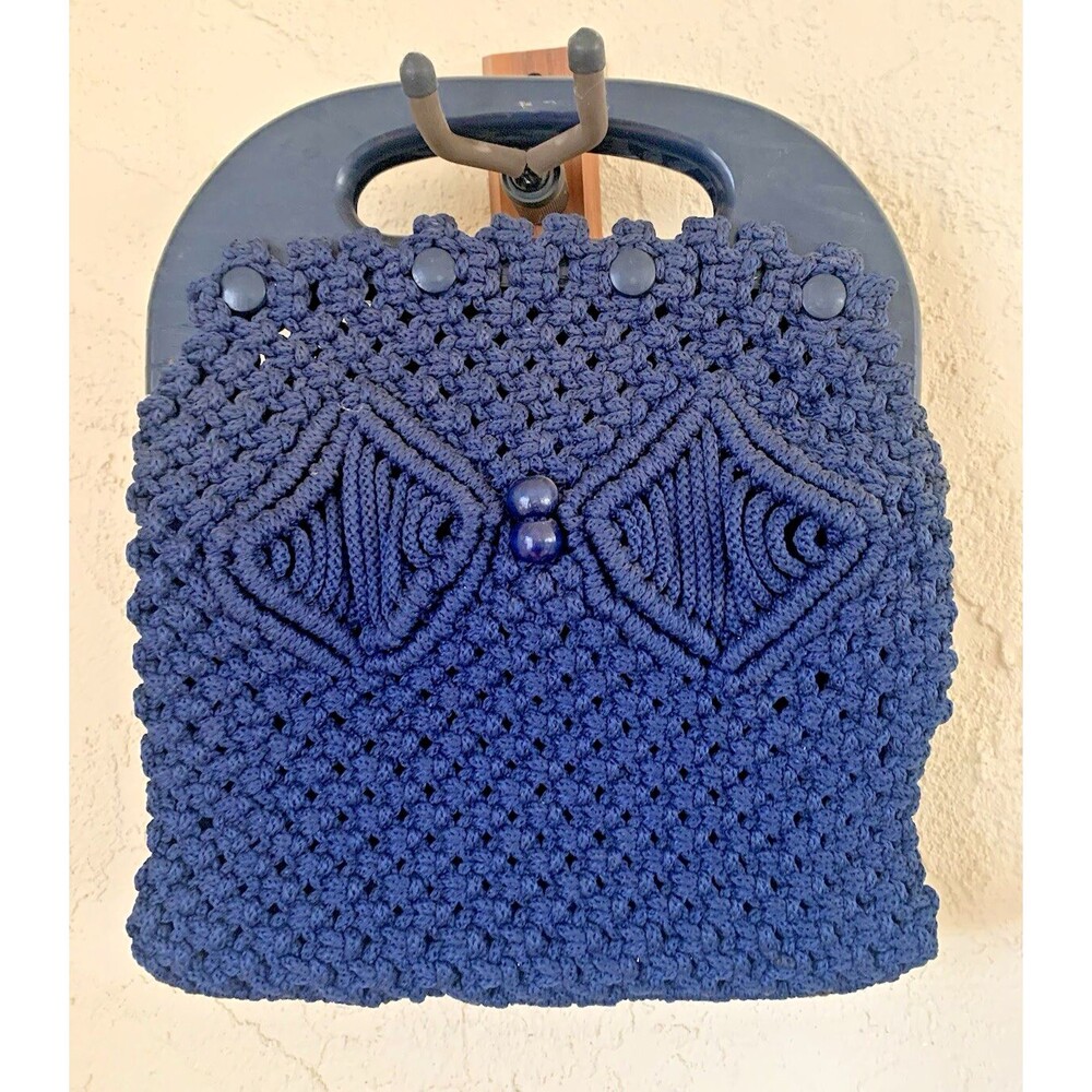 Vintage Woven Crochet Handbag Macrame Blue Wooden Handle Festive Boho Medium 70s